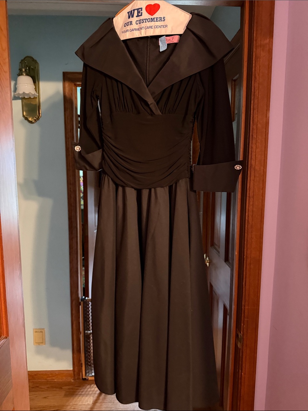 Eliza J Black Long-Sleeve Ruched Waist Evening Gown